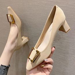 Dress Shoes 6cm Thick Heel High Heels Women'S Side Buckle Single Square Toe Leather Work Dinner Casual