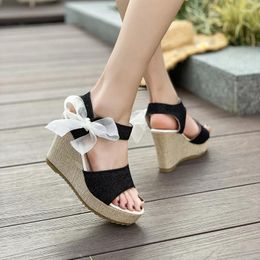 Dress Shoes Canvas High Heels Women's Platform Wedge Sandals Ankle-Strap Buckle Large Size 42 Black Heel
