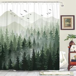 Misty Forest Shower Curtains Sun Mountain Pine Trees Abstract Art Autumn Bath Curtain Polyester Fabric Bathroom Decor with Hooks