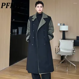 Men's Trench Coats PFNW Belt Male Korean Fashion Knee Length Stand Collar Button Contrast Color Outerwear Chic Winter 2024 9C1851