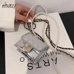 Luxury Mini Leather Bag Women Hanging Neck Camellia Bags Rhombus Earphone/Lipstick/Keys bag Pearls Chain Chest Waist Pack 240329