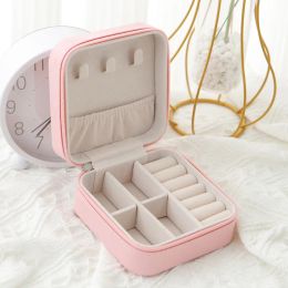 Storage Box Ring Earrings Small Fine Grid Pattern Palm Zipper Bag Large Flap Leather Jewelry Box Classic White Pink Storage Box