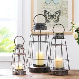 Candle Holders Wrought Iron Glass European Holder Antique Retro Outdoor Lanterns Rustic Home Decor Porta Velas Room Accessories AH50ZT