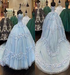 2022 Amazing Light Sky Blue Flower Patterning Quinceanera Dresses Pearl Lace Ball gown Sweetheart Corset XV Vestido de Sweet 15 Pr6771392