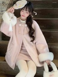 Work Dresses Chinese Style Wool Pink Set Two Piece Women Outfits Autumn/Winter Sweet Girl Fur Spliced Coat Half Short Skirt