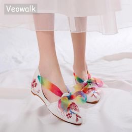 Casual Shoes Veowalk Silk Bowknot Women Velvet Cotton Ballet Flats Pointy Toe Fabric Flat Comfortable Ladies Chinese Embroidered