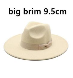 9 5cm Large Brim Wool Felt Fedora Hats With Bow Belts Women Men Big Simple Classic Jazz Caps Solid Color Formal Dress Church Cap291490294