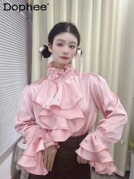 Women's Blouses French Vintage Wooden Ear Diamond Beaded Double-Layer Ruffle Sleeve Shirt Women 2024 Spring Autumn Bell Solid Colour