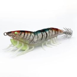 3.0# Luminous Squid Bait Prawn Hook Wooden Bionic Shrimp Baits Fishing Lures 10x5cm For Saltwater Realistic 3D Eyes