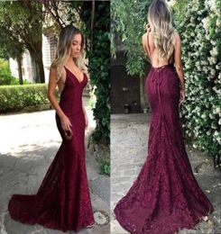 2020 New Burgundy Lace Mermaid Long Prom Dresses Tulle Applique Backless Black Girls Formal Party Evening Wear Gowns 8165071419