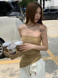 Women's Tanks Korean Fashion Solid Colour Versatile Basic Design Tank Top Summer Irregular Folds Show Thin Elastic Bra Female Clothing