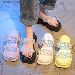 Slippers Poe Heel Sandals 2024 New Womens Summer Fairy Style Mid One line with Matsutake Thick Sole Roman Crystal H240412