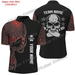 Personalized Red and black Skull Bowling Team 3D Printed Men's Quarter Zip shirts Summer Unisex Casual zipper polo Shirt PO46