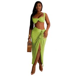 Pleated Sexy Open Back Strap Top Split Two Skirt Set Womens Beach Tunic Dress Swim Suit Cover Up Korean Fashion Kaftan 240411