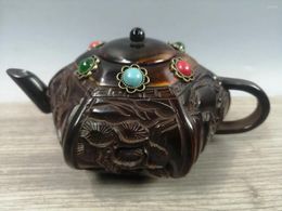 Decorative Figurines Chinese Collection Old Horn Carving Teapot Decoration Antique Kettle Wine Pot Inlaid Household