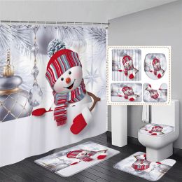 Christmas Shower Curtain Set Funny Santa Clause Reindeer Xmas Tree Night Scene Bathroom Decor Door Rug Bath Mat Toilet Lid Cover