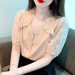 Women's Blouses 2024 Hollow Out Ruffle Collar Elegant Blouse Summer Short Sleeve Woman Lace Shirt Ladies Simple Casual V Neck Women Tops