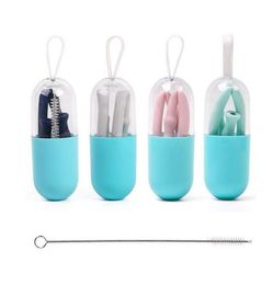 Drinking Straws Collapsible Silicone Straw Reusable Folding With Carrying Case And Cleaning Brush For Travel Home Office Drinks7175210