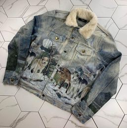 GAORL new washed damaged lamb fur collar snow mountain flash powder pack Wolf denim jacket jacket men and women7334048