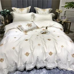 Bedding Sets 600TC Euro Luxury Lace Cover Double Bed White Satin Cotton Sheet Set With Duvet And Pillowcase