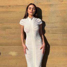 Party Dresses Women Clothes Short Sleeve O Neck Slim Sexy Maxi Knitted Folds Transparent White Fashion Elegant Evening Dress