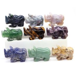 Rhino Sculpture Natural Stone Handmade Crafts Crystal Rhinoceros Figurine Vintage Animal Statue Home Office Table Decor Ornament 240408