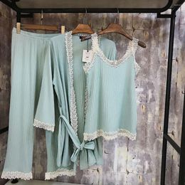 Home Clothing 4 Colors 2024 Autumn Women Lace Spliced Long Sleeve Three Piece Set Pajamas Skin Care Sleepwear Leisure Coton Nightwear