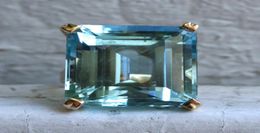 Sea Blue Topaz Stone Princess Diamond Engagement Sapphire Ring 14K gold Anillos for women Bizuteria jade jewelry Y11242641849