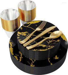 Disposable Dinnerware 180PCS Set 30 Guest 60 Black And Gold Plastic Plates Silverware Cups