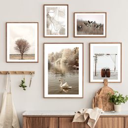 Autumn Nature Calm Lake Swan Reed Grass Tree Abstract Wall Art Print Canvas Painting Nordic Poster Decor Picture For Living Room