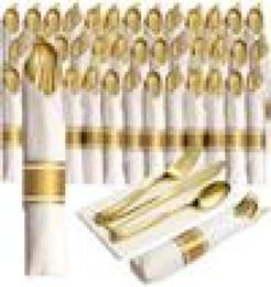 40 Pieces of PreRolled Golden Plastic Silverware Disposable Cutlery and Napkin Suitable for 10 People Dinner Party Wedding7325514