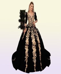 Black Velvet Ball Gown Prom Dresses with Gold Shiny Lace Applique 2020 Plus Size Long Sleeve Kaftan Caftan Arabic Evening Gowns We1743019