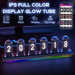 RGB Glow Tube Clock DIY IPS Colour Screen Clocks Glow Analogue Clock Electronic Nightlights Silent Led Gaming Desktop Clock Decors