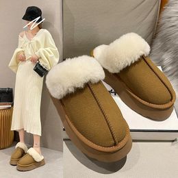 Boots Winter Brand Plush Cotton Slippers Women Flats Shoes 2024 Fashion Platform Casual Home Suede Fur Warm Slingback Flip Flops