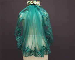 New Arrival One Layer Sequins Lace Green Tulle Metal Comb Short Bridal Veil High Quality Wedding Accessories 703888145629147927