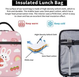 Strawberry Rabbit Pink Lunch Box Insulated Lunch Bag for Girls Women Reusable Portable Leakproof Cooler Tote for School Picnic