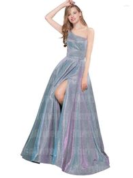 Party Dresses Women's One Shoulder Sleeveless Prom Long Ball Gown Glitter Satin Pleated High Split Lace Up Formal Dress With Pockets