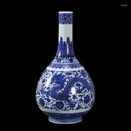 Vases Blue And White Porcelain Dragon Pattern Bile Vase Jingdezhen Ceramic Living Room Flower ArrangementChinese Style Porch Ornaments