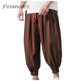 Men's Pants Cotton Linen Casual 2024 Loose Wide Legs Drawstring Elastic Waist Summer Trousers Solid Color Fashion Pantalones