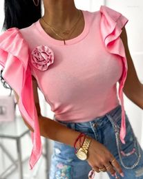 Women's T Shirts Women Commuter T-Shirt Rose Detail Ruffle Hem Round Neck Top 2024 Summer Latest Casual Short Sleeves Skinny Daily Versatile