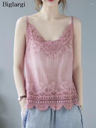 Women's Tanks Oversized Summer Pink Sleeveless Slip Tops Women Lace Embroidery Fashion Hollow Out Ladies Cropped Blouses Loose Woman