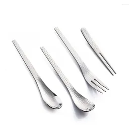 Dinnerware Sets 4Pcs Hammer Pattern Dessert Spoon Fork Set 304 Stainless Steel High Quality Fruit Easy To Clean Portable Coffee