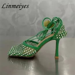 Dress Shoes Luxury Crystal High Heels Women Pumps Square Toe Mesh Hollow Out Party Summer Sexy Ankle Lace Up Stiletto Woman