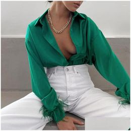 Womens Blouses Shirts 2023 Casual Shirt Autumn Fashion Versatile Ice Silk Feather Panel Ostrich Feathers Luxury Drop Delivery Apparel Dhcug