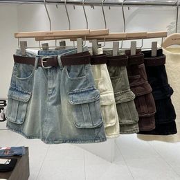 Skirts Denim Skirt Mini Cargo Pocket 2024ins A Line Y2k Korean Cute Sexy Jean Female