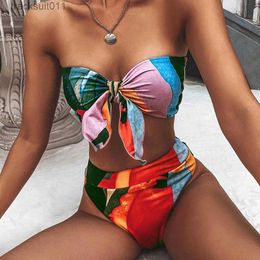 Women's Swimwear Set Bowknot Bandeau Bikini Set 2023 Bathing Suit Women High Waist Swimsuit Fe Push Up Printed Swimwear Beach Wear Swim Lady C240412