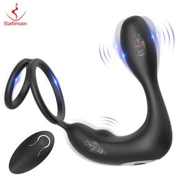 Safiman Prostate Massager Anal Vibrator Male Sex Toys with Cock Ring Vibrating Butt Plugs for Men 12 Modes Wireless 240409