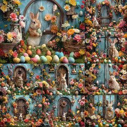 Easter Day Photography Backdrops Green Spring Rabbits Colorful Eggs Wood Nature Flowers Photo Studio Background Props Banner