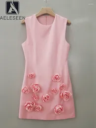 Casual Dresses AELESEEN Women's Tank Dress Spring Summer Sleeveless Pink Red Black 3D Appliques Flower Embroidery Slim Holiday Vacation