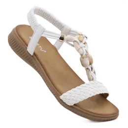 Casual Shoes SIKETU Brand Retro Bohe Flat Sandals Women Knit Elastic Ankle Strap Leisure Beads Beach Rome Anti-slide White Work
